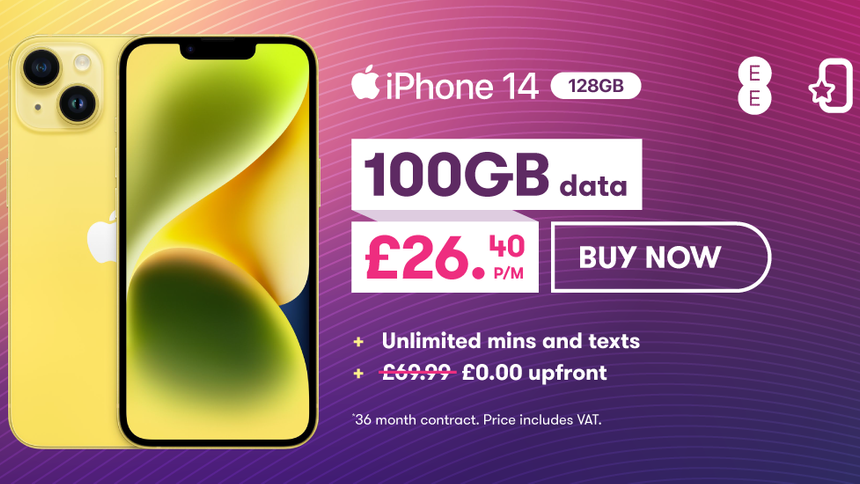 Apple iPhone 14 - £0 upfront + £26.40 a month